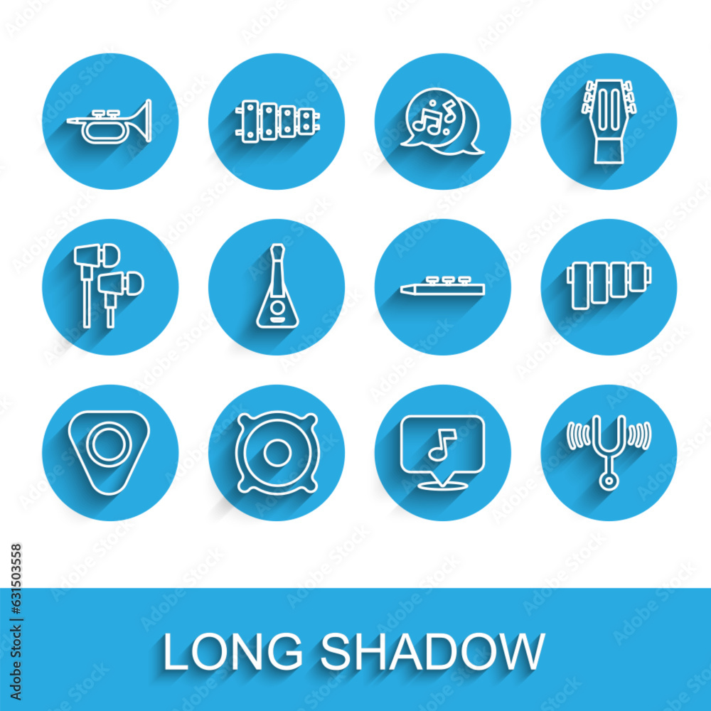 Set line Guitar pick, Stereo speaker, Trumpet, Music note, tone, Musical tuning fork, Pan flute and Drum and drum sticks icon. Vector Set line Guitar pick, Stereo speaker, Trumpet, Music note, tone, Musical tuning fork, Pan flute and Drum and drum sticks icon. Vector