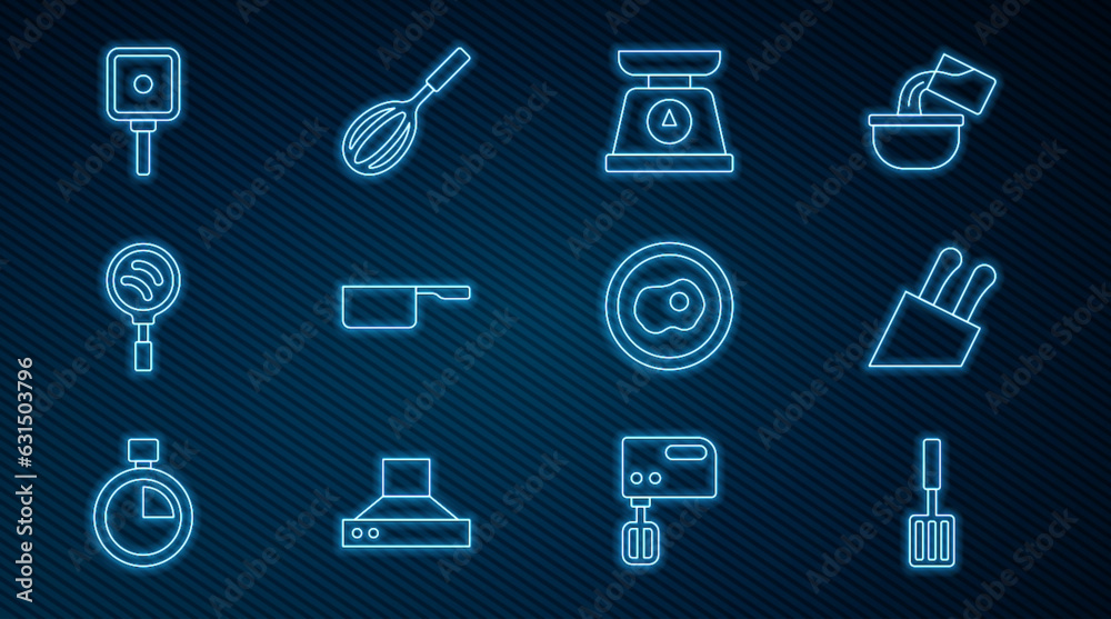 Set line Barbecue spatula, Knife, Scales, Saucepan, Frying, Scrambled eggs and Kitchen whisk icon. Vector Set line Barbecue spatula, Knife, Scales, Saucepan, Frying, Scrambled eggs and Kitchen whisk icon. Vector