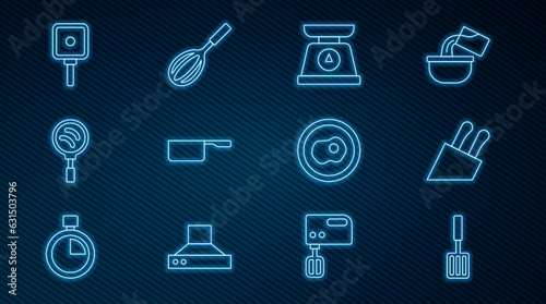Set line Barbecue spatula, Knife, Scales, Saucepan, Frying, Scrambled eggs and Kitchen whisk icon. Vector