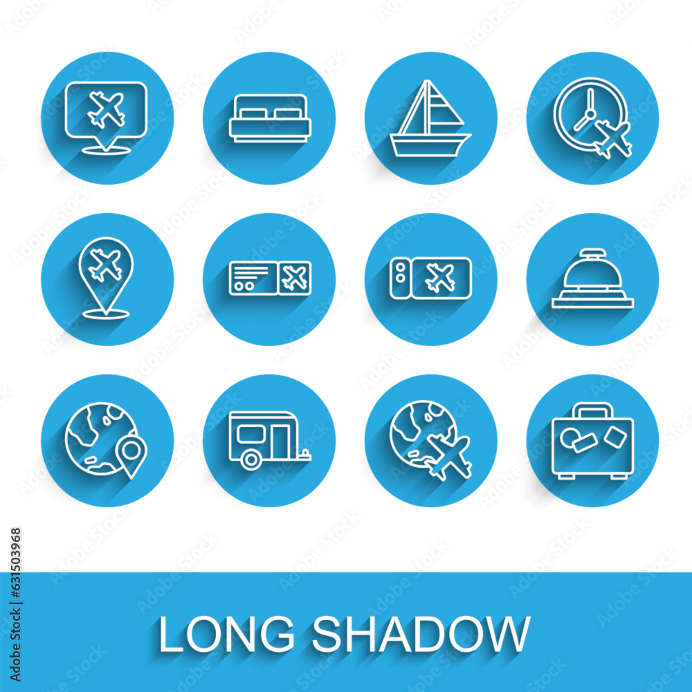 Set line Location on the globe, Rv Camping trailer, Speech bubble with airplane, Globe flying, Suitcase, Airline ticket, Hotel service bell and icon. Vector