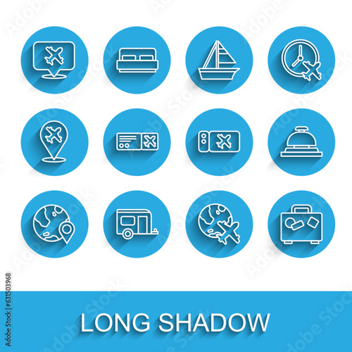 Set line Location on the globe, Rv Camping trailer, Speech bubble with airplane, Globe flying, Suitcase, Airline ticket, Hotel service bell and icon. Vector