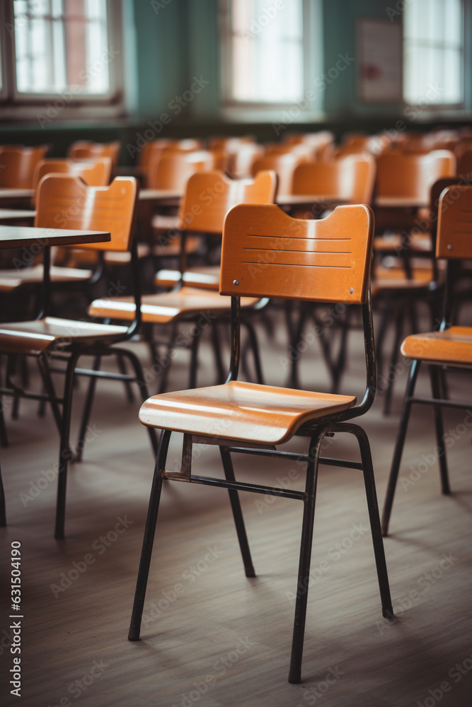 School chairs in an empty classroom. High quality photo