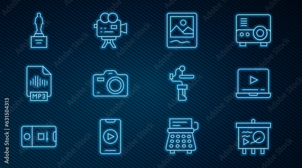 Set line Scenario on chalkboard, Online play video, Photo frame, camera, MP3 file document, Movie trophy, Gimbal stabilizer for and Retro cinema icon. Vector Set line Scenario on chalkboard, Online play video, Photo frame, camera, MP3 file document, Movie trophy, Gimbal stabilizer for and Retro cinema icon. Vector