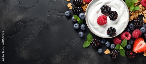 top view photograph of Greek yogurt and granola with fresh berries on a black stone table. It photo