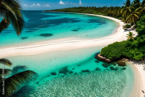 On a tropical island paradise, crystal-clear turquoise waters gently lap against powdery white sand beaches