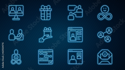 Set line Envelope with Valentine heart, BFF or best friends forever, Two sitting men talking, Give gift, Happy friendship day, Video chat conference, Dating online and Gift box icon. Vector