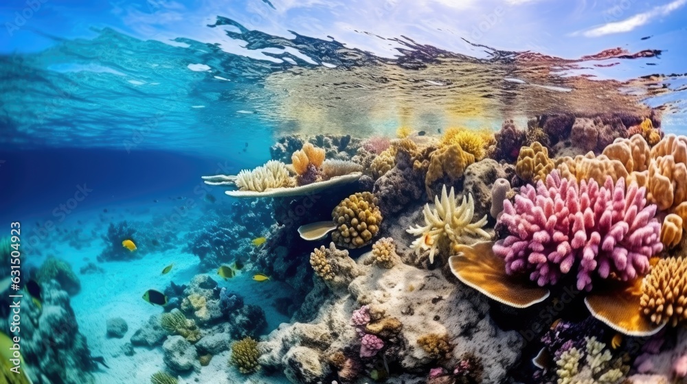 Fototapeta premium Ocean coral reef underwater. Sea world under water background. Beautiful view of sea life. Ecosystem. AI photography..