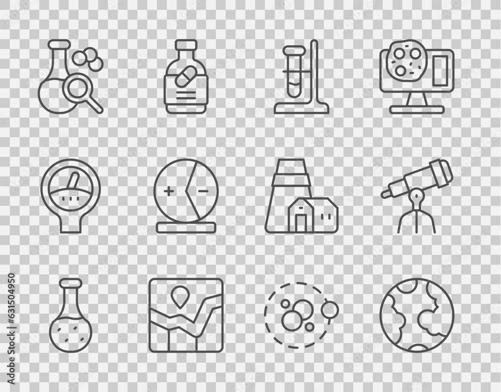 Set line Test tube, Earth globe, flask on stand, Graph chart infographic, Atom, and Telescope icon. Vector Set line Test tube, Earth globe, flask on stand, Graph chart infographic, Atom, and Telescope icon. Vector
