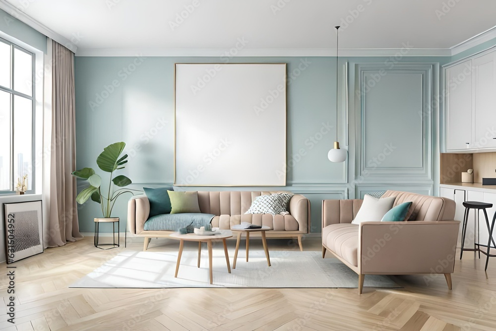 Fototapeta premium Mockup frame in interior background, room in light pastel colors.