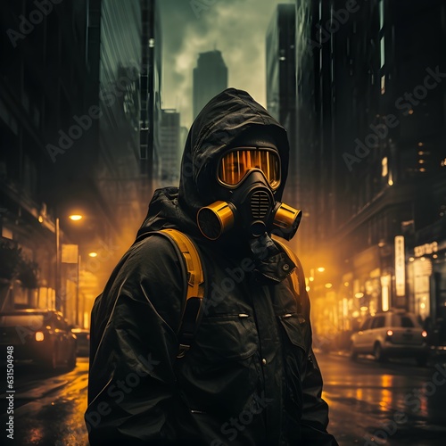 guy with gas mask on a main city street. generative AI illustration.