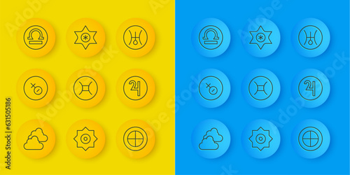 Set line Cloudy weather, Venus symbol, Gemini zodiac, Earth globe, Symbol Jupiter, Libra, Uranus and Falling star icon. Vector
