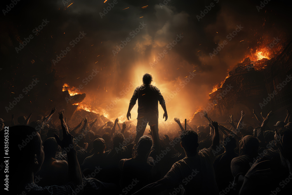 Fototapeta premium people with olumetric lighting plays a crucial role in this artwork, creating a dramatic atmosphere. Harsh overhead lighting casts strong shadows, ai generated.
