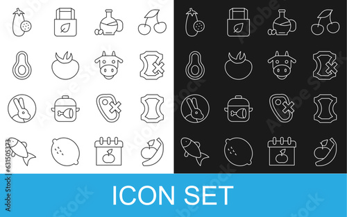Set line Apple and banana, Leather, No leather, Bottle of olive oil, Tomato, Avocado fruit, Eggplant and Cow head icon. Vector