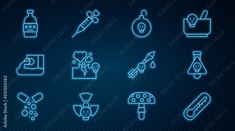 Set line Thermometer, Bottle with potion, Nuclear bomb, Poisonous cloud of gas or smoke, Wastewater, Poisoned alcohol, the arrow and Syringe icon. Vector Set line Thermometer, Bottle with potion, Nuclear bomb, Poisonous cloud of gas or smoke, Wastewater, Poisoned alcohol, the arrow and Syringe icon. Vector