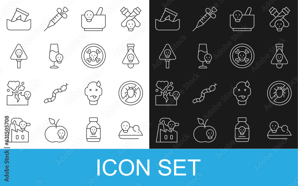 Set line Experimental mouse, Stop colorado beetle, Bottle with potion, Mortar and pestle, Poisoned alcohol, Bones skull, Radioactive waste in barrel and icon. Vector