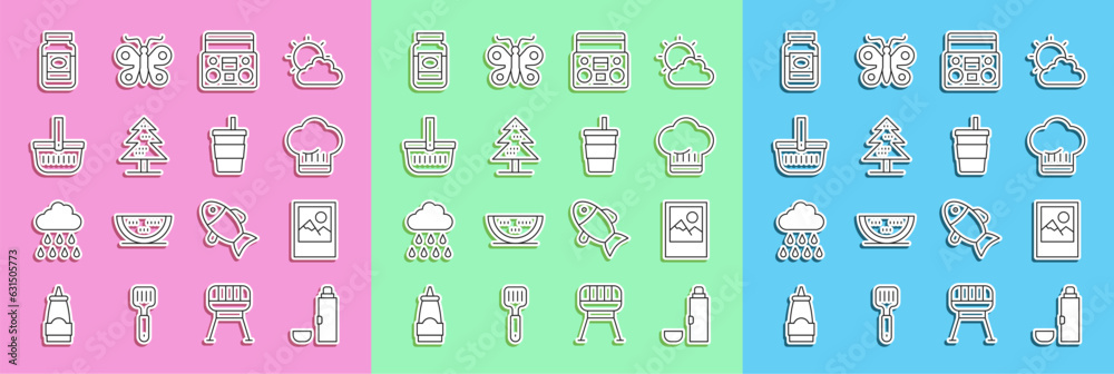 Set line Thermos container, Photo frame, Chef hat, Home stereo with two speakers, Tree, Picnic basket, Jam jar and Paper glass water icon. Vector Set line Thermos container, Photo frame, Chef hat, Home stereo with two speakers, Tree, Picnic basket, Jam jar and Paper glass water icon. Vector