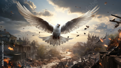 A white dove flies in the sky above the ruins of a ruined city.