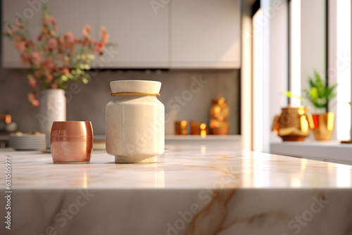 A blurred kitchen with jars on the countertop. (Generative AI)