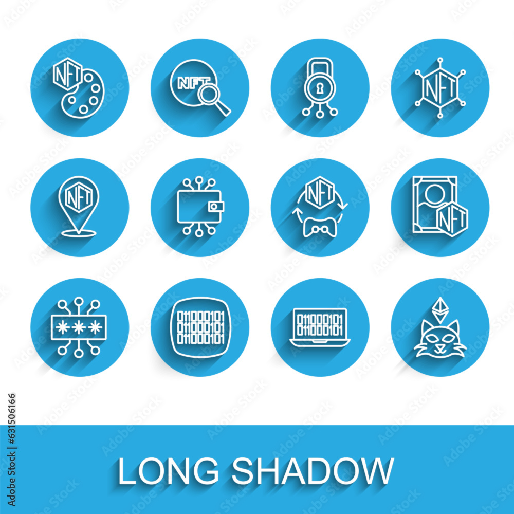 Set line Cyber security, Binary code, NFT Digital crypto art, Cryptocurrency wallet, and icon. Vector Set line Cyber security, Binary code, NFT Digital crypto art, Cryptocurrency wallet, and icon. Vector