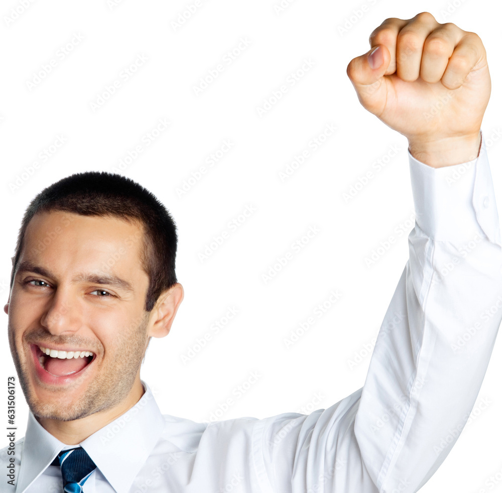 Happy gesturing young smiling business man , isolated over white background