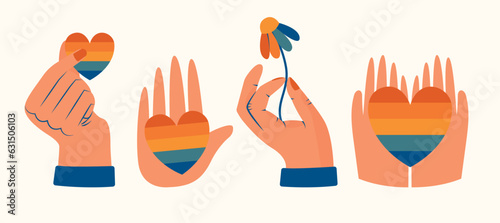 Set of hands holding stuff, hearts, flowers. Set of LGBTQ community symbols. Various hands gestures. Pride month stickers. LGBT flat style icons collection. Gay parade groovy celebration. 