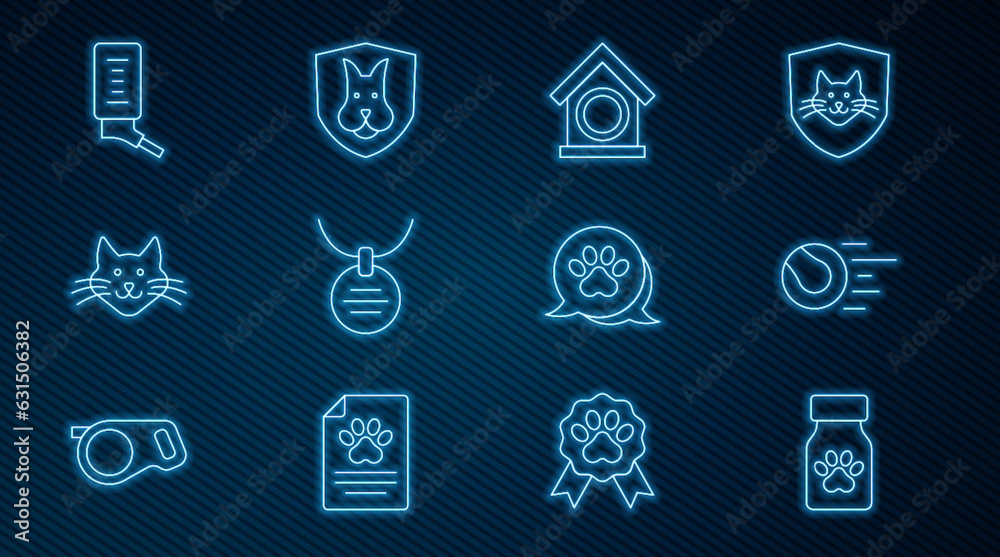 Set line Medicine bottle and pills, Pet toys ball, Dog house, Collar with name tag, Cat, Drinker for small pets, Paw print and Animal health insurance icon. Vector Set line Medicine bottle and pills, Pet toys ball, Dog house, Collar with name tag, Cat, Drinker for small pets, Paw print and Animal health insurance icon. Vector