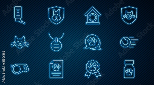 Set line Medicine bottle and pills, Pet toys ball, Dog house, Collar with name tag, Cat, Drinker for small pets, Paw print and Animal health insurance icon. Vector