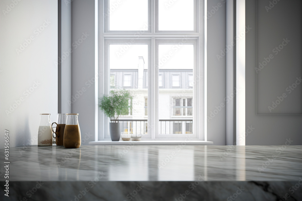 Fototapeta premium A kitchen marble table countertop near a window. (Generative AI)