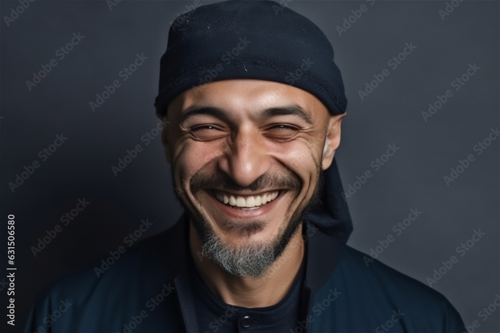  muslim young adult man smiling on a dark grey background
