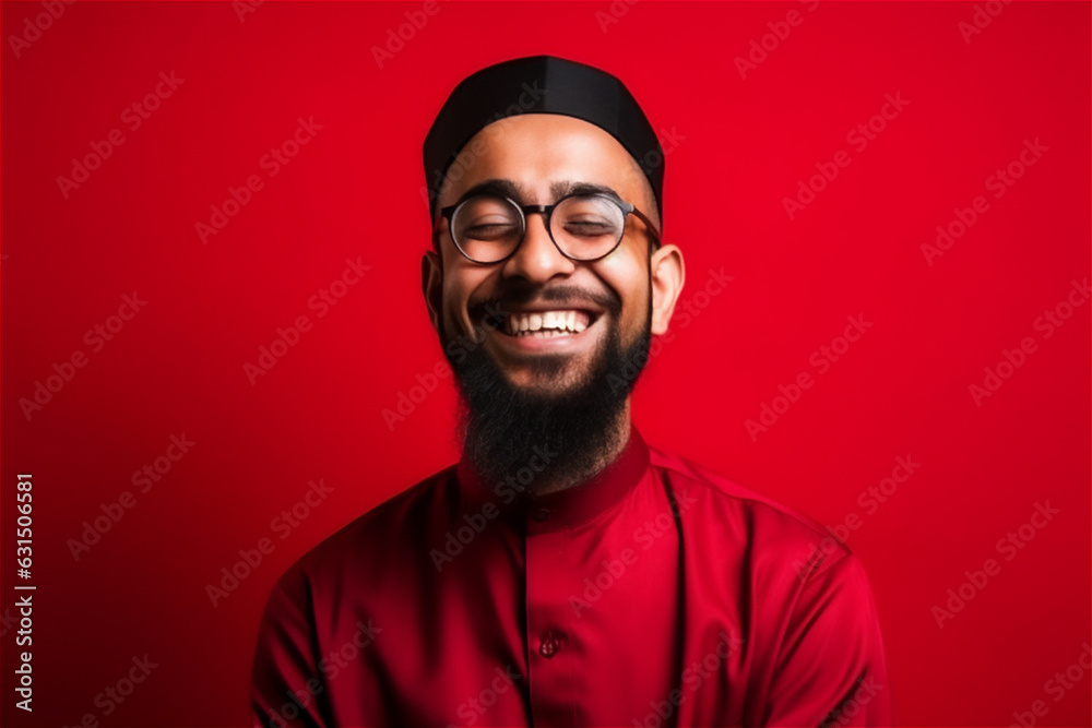 muslim young adult man smiling on a red background muslim young adult man smiling on a red background