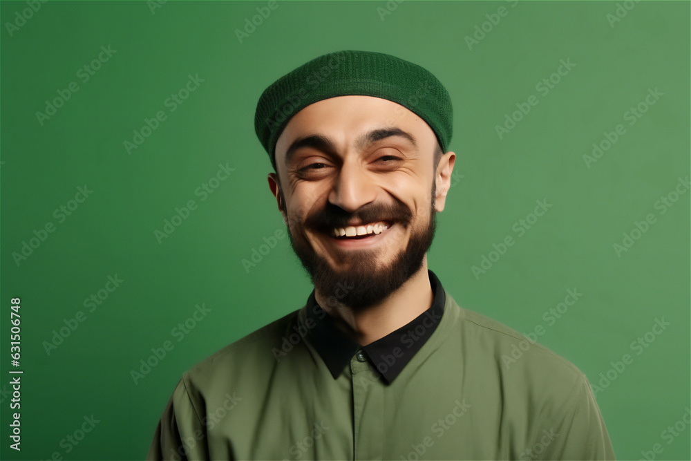 muslim mid adult man smiling on a green background muslim mid adult man smiling on a green background
