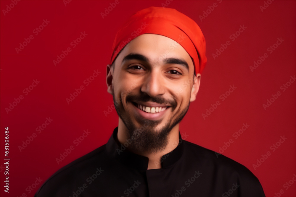 muslim mid adult man smiling on a red background muslim mid adult man smiling on a red background