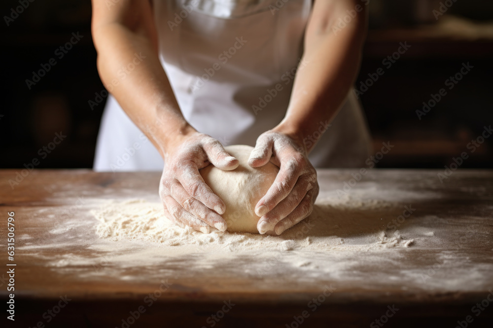 Female hands kneading dough on wooden kitchen table