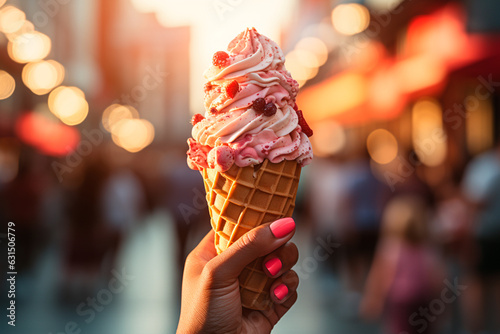woman eating ice cream on the street,Generative AI