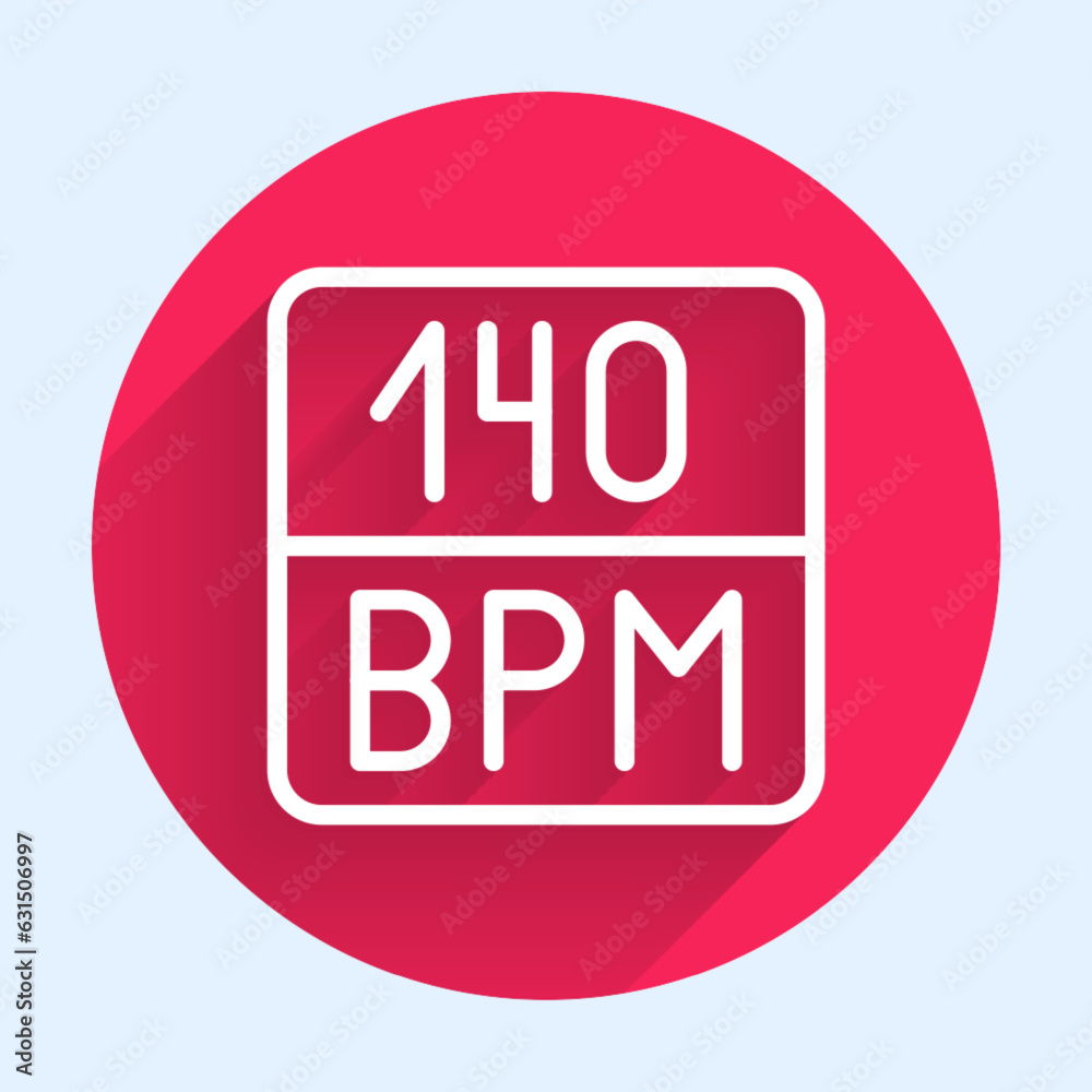 White line Bitrate icon isolated with long shadow. Music speed. Sound quality. Red circle button. Vector White line Bitrate icon isolated with long shadow. Music speed. Sound quality. Red circle button. Vector
