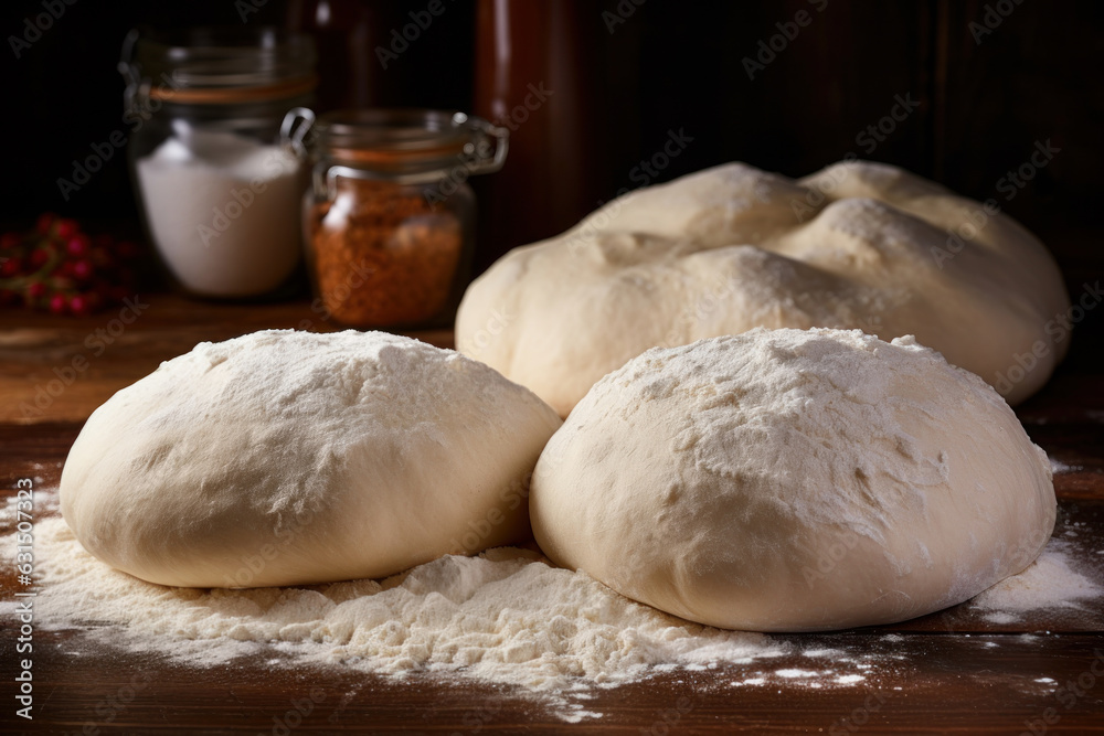 Raw balls of dough on wooden kitchen table Raw balls of dough on wooden kitchen table
