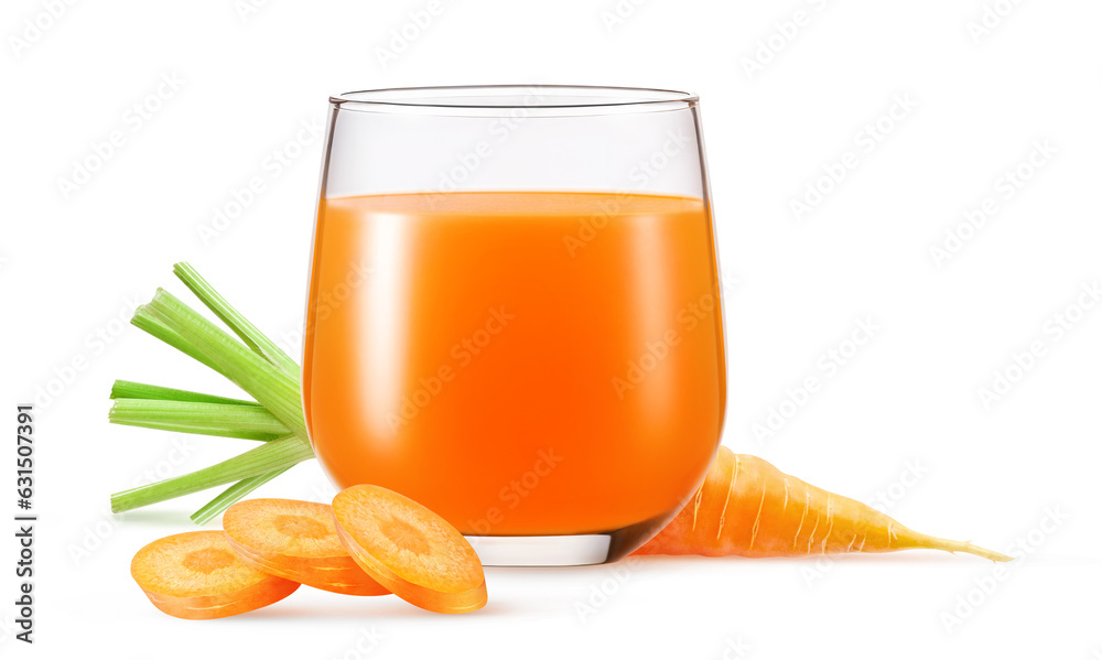 Fresh carrot and carrot juice in a glass isolated on white Fresh carrot and carrot juice in a glass isolated on white