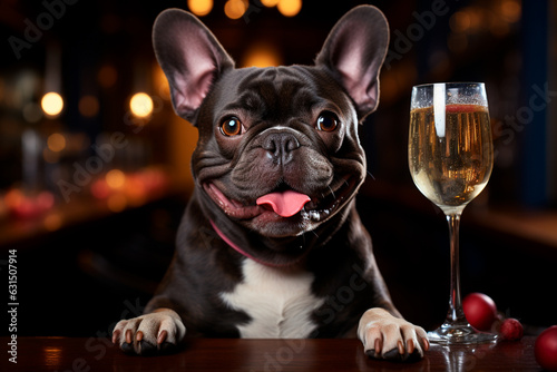dog drinking a glass of red wine in a restaurant,Generative AI © ARAMYAN
