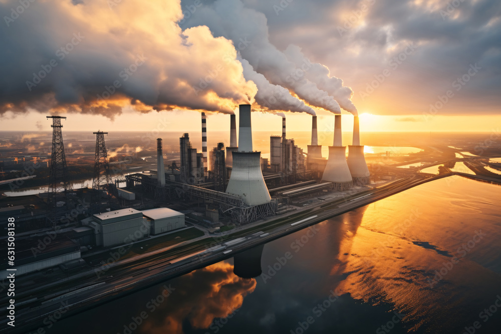 Industrial factory tall smokestacks released smoky emissions from smoke pipes. CO2 greenhouse gas, deteriorating air quality, air pollution, and climate change. Carbon dioxide gas.