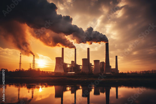 Industrial factory tall smokestacks released smoky emissions from smoke pipes. CO2 greenhouse gas  deteriorating air quality  air pollution  and climate change. Carbon dioxide gas.