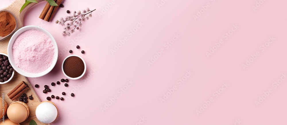 Baking ingredients placed on a soft pink pastel background, creating a frame. is captured from Baking ingredients placed on a soft pink pastel background, creating a frame. is captured from