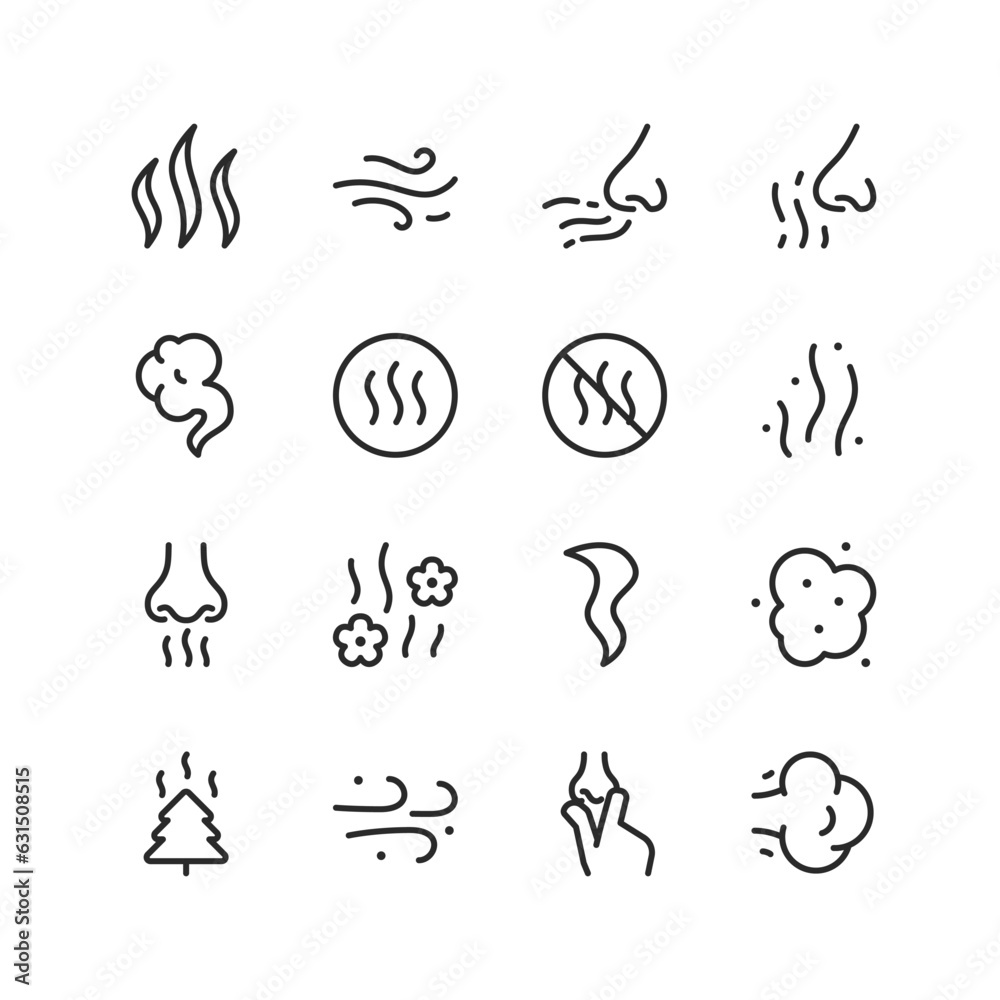 Smell, linear style icons set. Symbols of odor. Fragrance, odor and odorlessness. The sensation and perception of odors. Fragrance and unpleasant odor. Editable stroke width - obrazy, fototapety, plakaty 