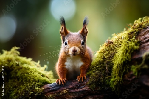 Crimson Squirrel Perched on Moss Covered Tree Branch. Generative AI © zainab