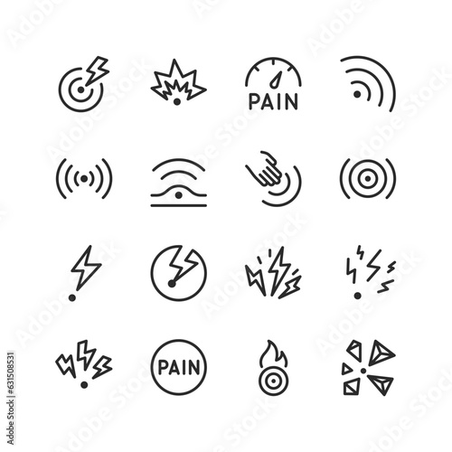 Pain, linear style icons set. The place where pain is manifested. Pain point. Appearance of pain, intensity. Types and location. Sensitive points. Editable stroke width