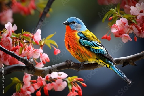 Vivid Bird Resting on Tree Branch. Generative AI © Umar