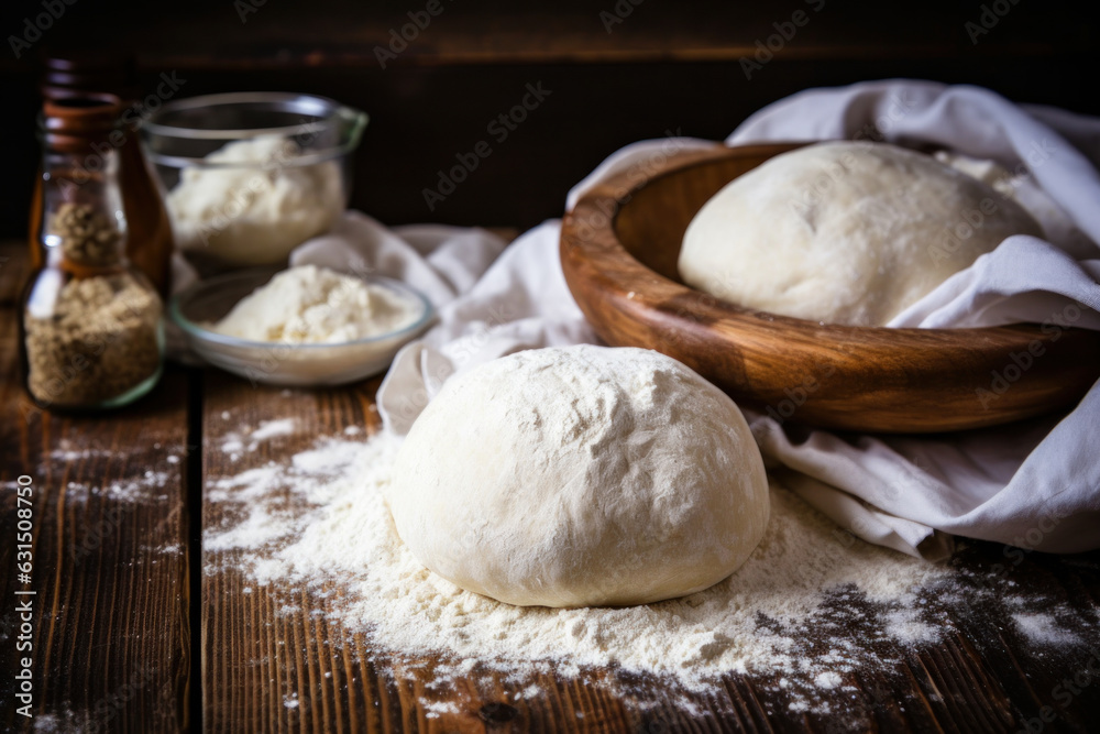 Fototapeta premium Ball of pizza dough and flour on wooden kitchen table