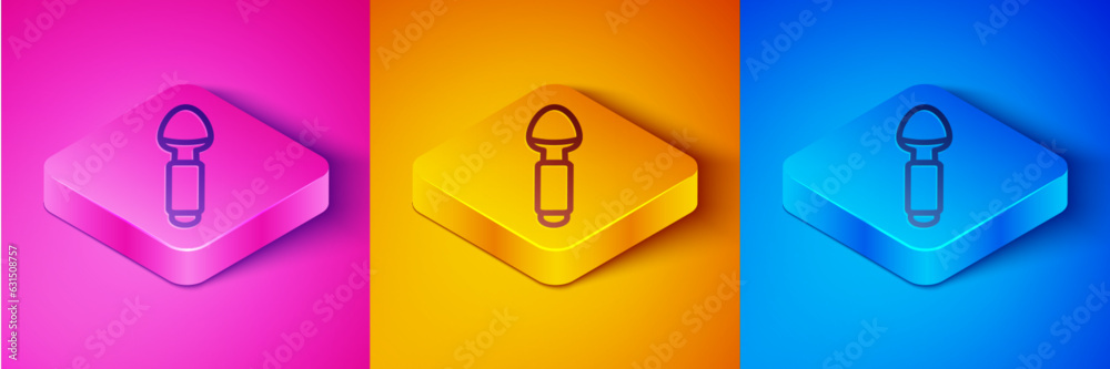 Isometric line Silver spoon icon isolated on pink and orange, blue background. Cooking utensil. Cutlery sign. Square button. Vector Isometric line Silver spoon icon isolated on pink and orange, blue background. Cooking utensil. Cutlery sign. Square button. Vector