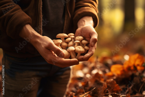 Unrecognizable young man picking mushrooms in autumn forest, holding it in his hand, close up