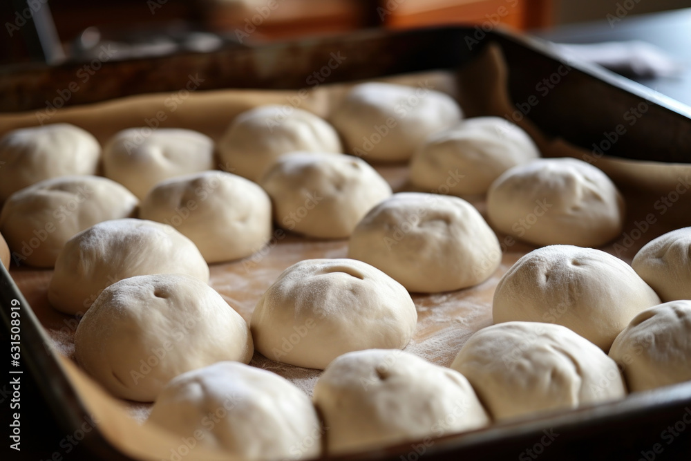 Balls of raw dough in a baking tray Balls of raw dough in a baking tray