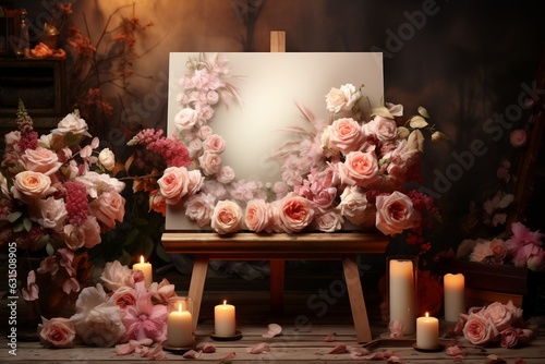 Artistic Display of a Blank Canvas with Flowers and Candles, Ai Generative